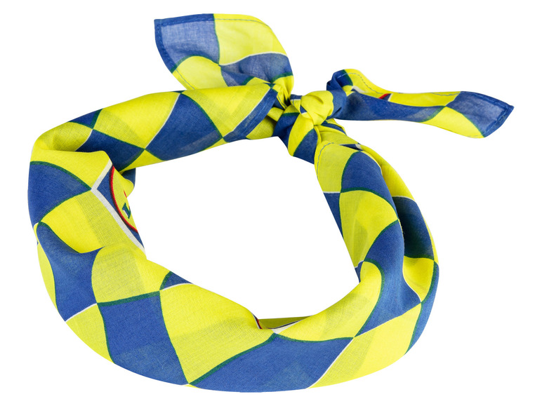Een gele en blauwe bandana met een ruitpatroon.