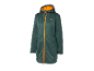 Une veste softshell Crivit vert foncé avec une fermeture éclair orange et une capuche.