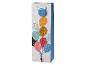 Sac cadeau blanc avec des ballons colorés et des détails pailletés, avec une poignée en ruban blanc.