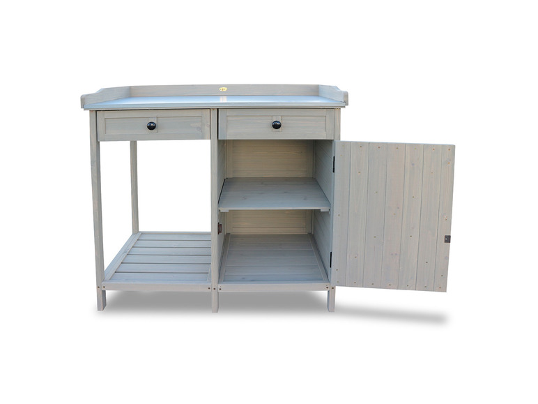 Grijze houten werkbank met twee laden en een deur.