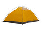 Een gele campingtent met zwarte details.