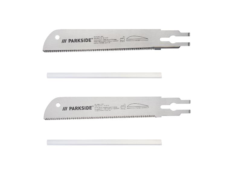 Twee zaagbladen van 170 mm en twee witte plastic strips.