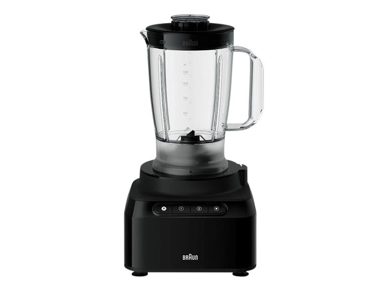 Zwarte blender met transparante kan en bedieningsknoppen.