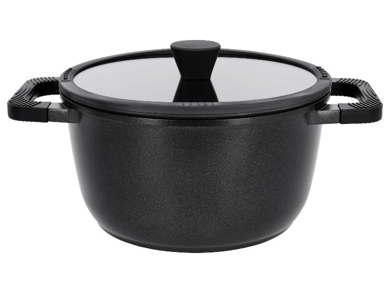 Marmite de cuisson noire avec couvercle en verre et poignées ergonomiques