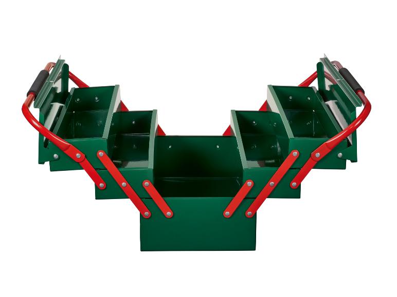 Groene gereedschapskist met drie lagen en rode handgrepen.