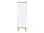 Armoire blanche avec trois tiroirs et un plateau en bois.