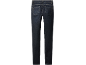 Donkere damesjeans met achterzakken en contrasterende stiksels.