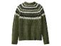 Groene trui met wit en zwart Fair Isle patroon.