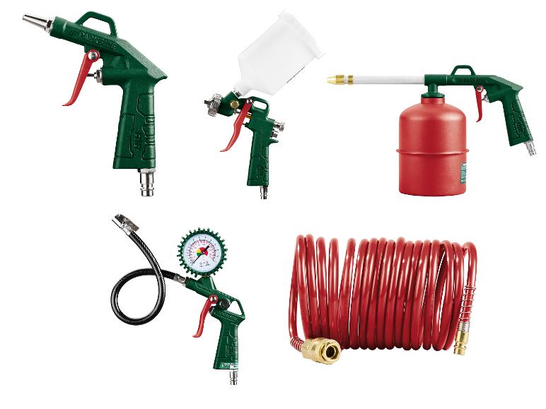 Parkside pneumatische gereedschapset, inclusief luchtpistool, verfspuit, reinigingspistool, drukmeter en slang.