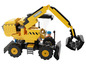 Gele LEGO-graafmachine met grijper en twee minipoppetjes.