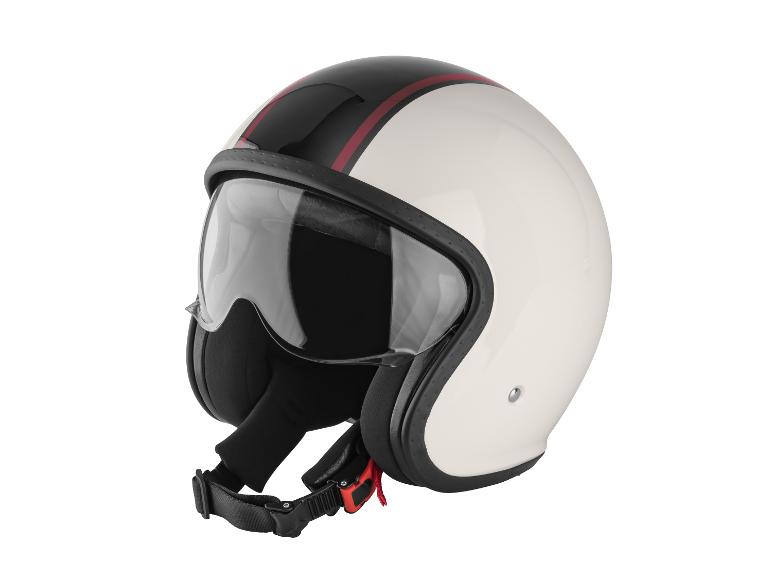 Un casque de moto blanc avec une visière et des rayures rouges.
