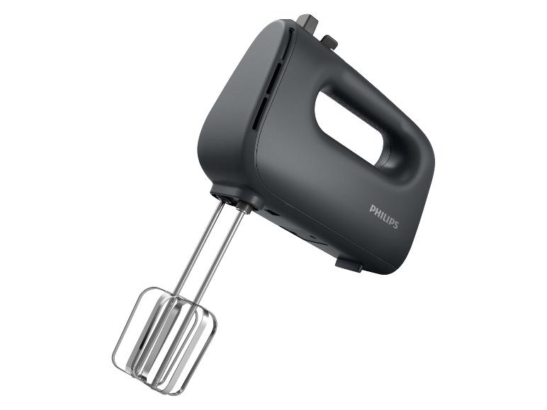 Zwarte Philips handmixer met metalen kloppers.