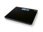 Zwarte badkamerweegschaal met digitaal display dat '0.0 kg' toont.