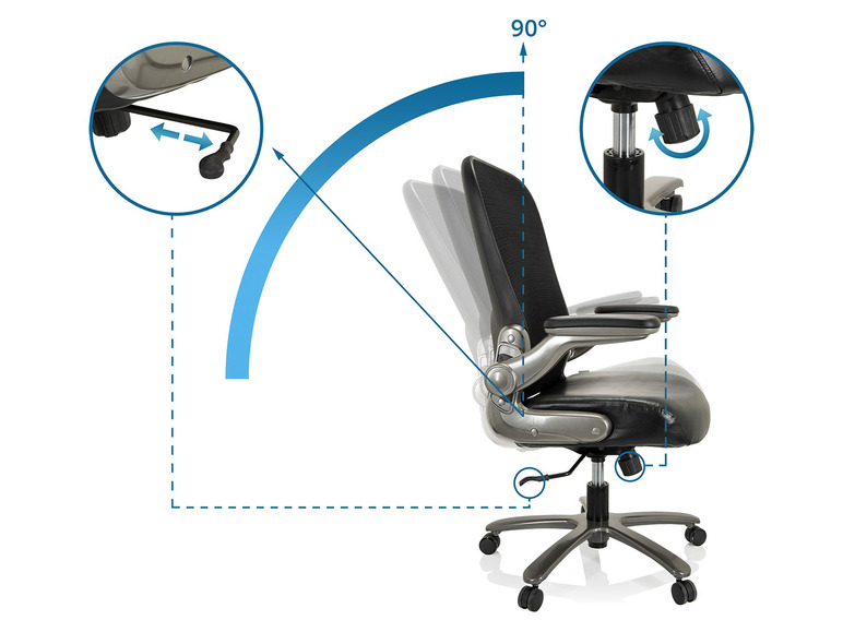 Chaise de bureau noire avec accoudoirs réglables et roulettes pivotantes.