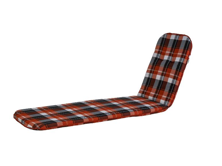 Coussin de chaise longue et dossier à carreaux rouge et gris.