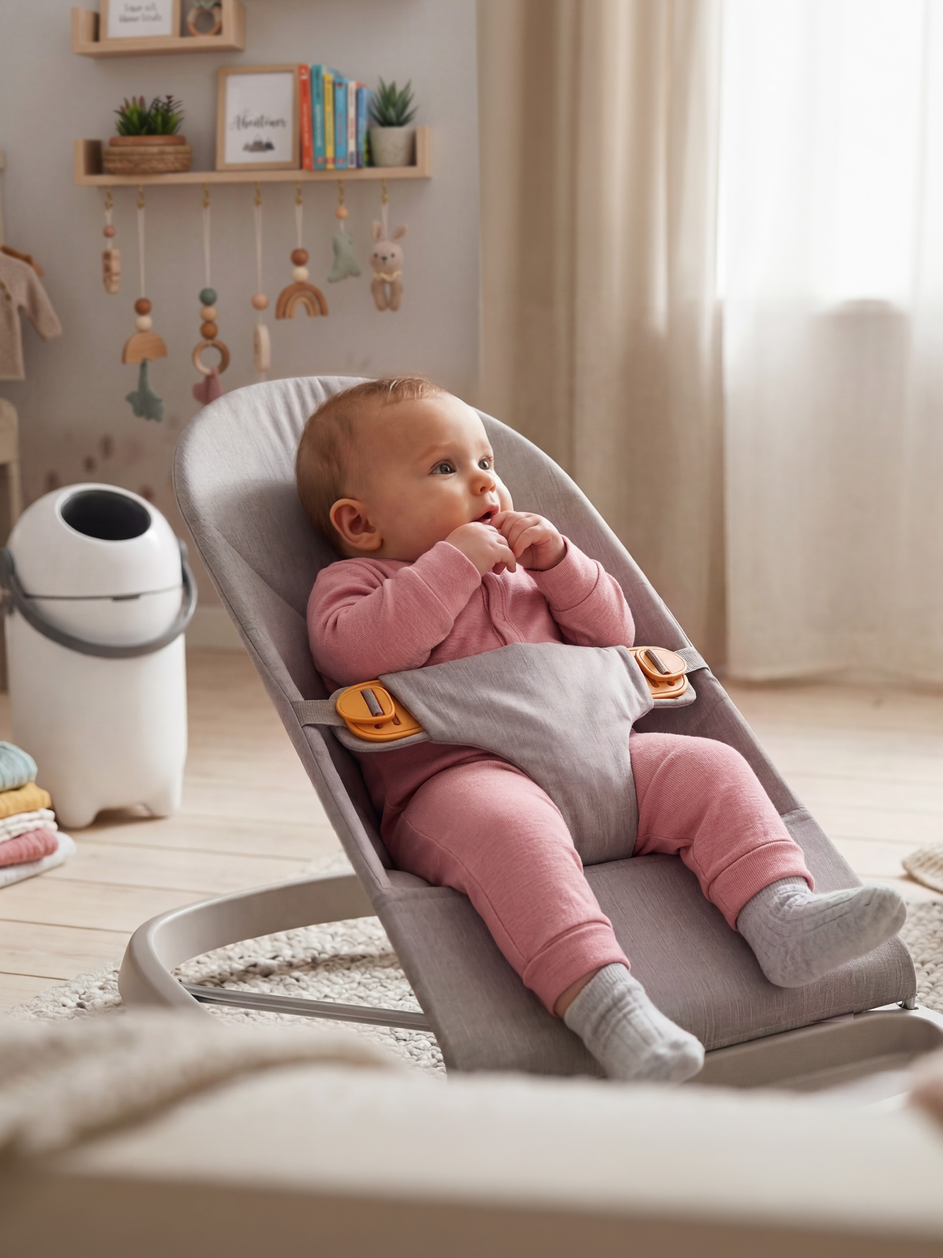 Bébé dans un transat, avec décor de chambre d'enfant et poubelle à couches en arrière-plan.