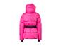 Doudoune rose fuchsia avec capuche et ceinture noire.