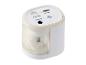 Taille-crayon électrique blanc et beige avec deux trous d'affûtage (6-8mm et 9-12mm).