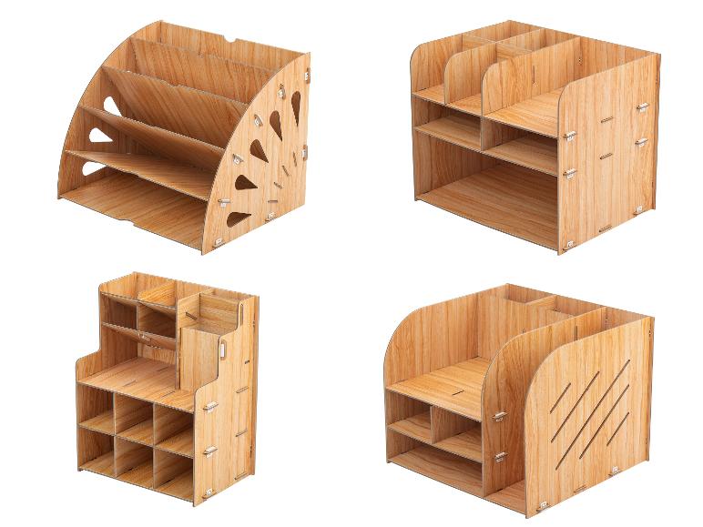 Vier aanzichten van een houten bureau-organizer met meerdere vakken en planken.