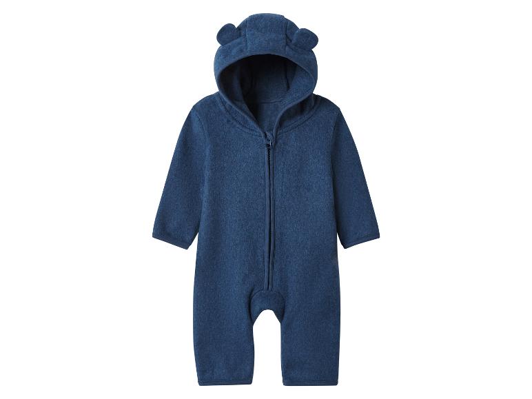 Blauwe baby romper met capuchon en berenoren.