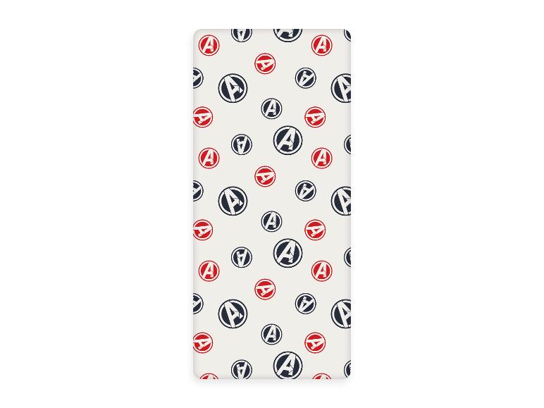 Un fond blanc avec un motif répétitif de logos Avengers bleus et rouges.