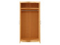 Een open houten kledingkast met een plank en een hangstang.