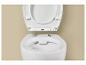 Toilettes blanches avec abattant et couvercle ouverts, avec charnières métalliques.