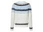Un pull blanc avec un motif scandinave bleu et noir.
