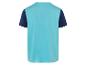 Twee kleuren T-shirt, lichtblauw en donkerblauw, achterkant.