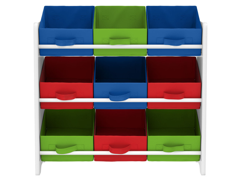 Étagère blanche avec paniers de rangement colorés.