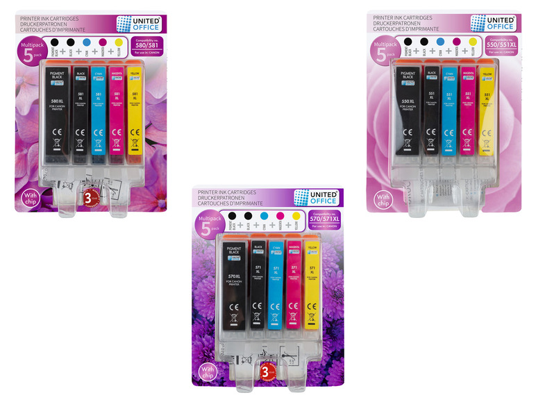 Een multipack van 5 XL inktpatronen van United Office voor Canon printers, inclusief zwart, cyaan, magenta en geel
