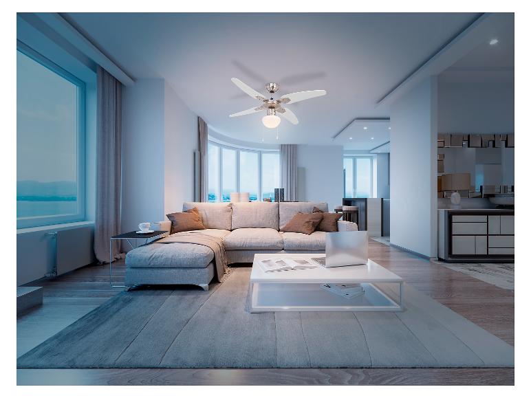 Moderne plafondventilator en bank in een stijlvolle woonkamer.