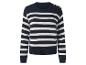 Pull marinière rayé bleu marine et blanc avec boutons dorés sur l'épaule