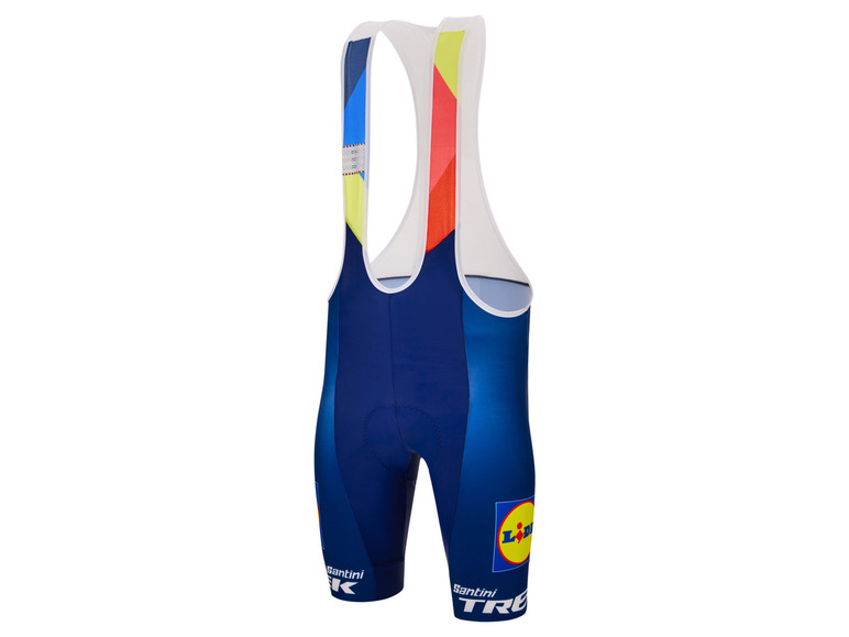 Un cuissard de vélo bleu avec bretelles de Santini avec le logo Lidl.