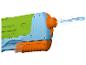 Kleurrijk waterpistool in groen, blauw en oranje, spuitend water.