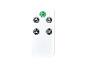 Télécommande blanche avec bouton d'alimentation vert et icônes noires de ventilateur, minuterie et mode