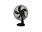 Zwarte tafelventilator met beschermrooster.