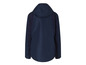 Een donkerblauwe windjack met capuchon.