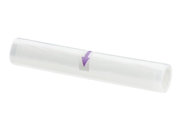 Un rouleau de film transparent pour scellage sous vide avec une flèche violette sur une étiquette blanche.