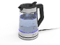 Glazen waterkoker met zwart handvat, blauwe verlichting en waterniveau-indicatoren.