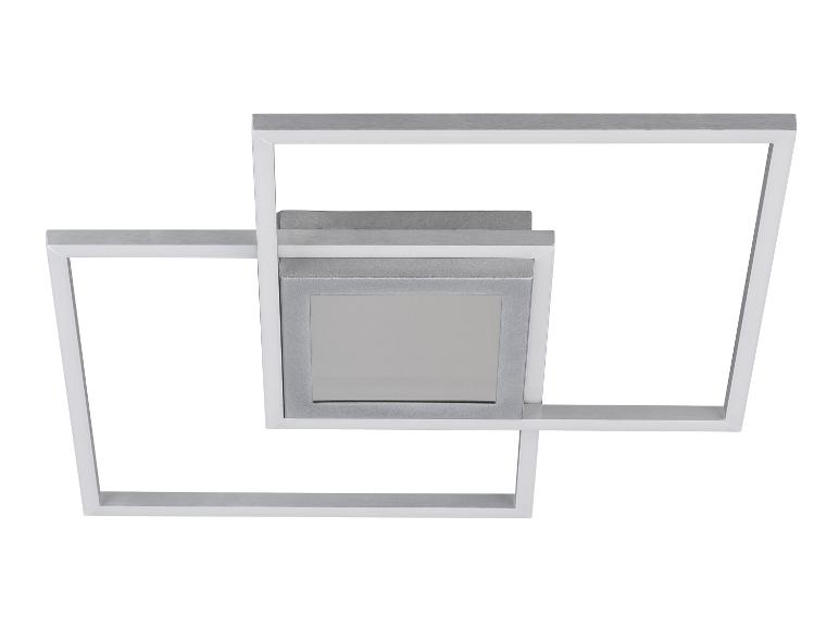 Moderne plafondlamp met een vierkant frame in wit en zilver.