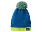 Bonnet bleu avec pompon et revers vert fluo, avec une étiquette raton laveur.