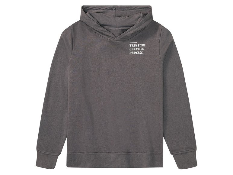 Sweat-shirt à capuche gris avec l'inscription 'Trust the creative process'.