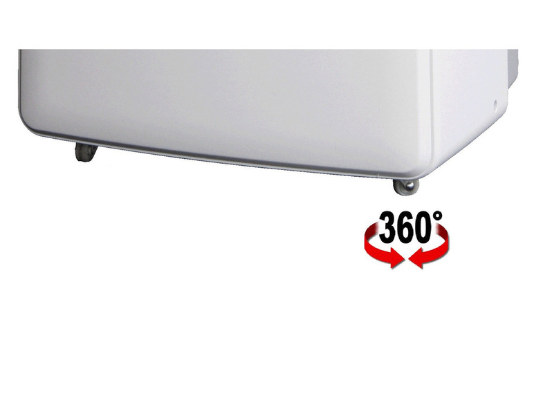 Een wit apparaat met wielen die 360 graden draaien.