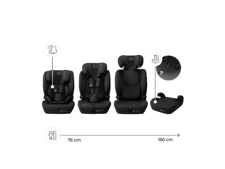 Sièges auto pour enfants noirs, du siège complet au rehausseur, pour des tailles de 76 à 150 cm.