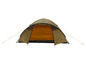 Een groene Coleman-tent met een oranje binnenkant.