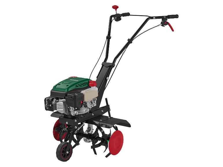 Motoculteur thermique Parkside avec roues rouges et moteur vert
