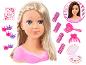 Tête à coiffer blonde avec maquillage, bigoudis, peigne, brosse, pinces couronnes et autocollants.