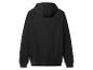 Zwarte hoodie met geribbelde boorden en capuchon, achteraanzicht.