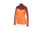 Oranje en bordeauxrood sportshirt met lange mouwen en rits bij de hals.